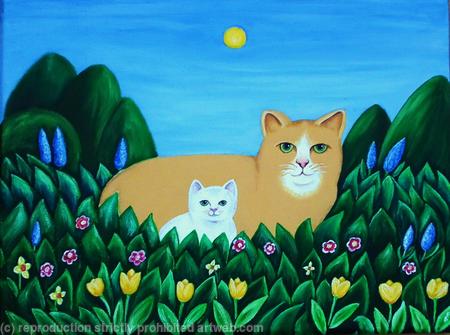  Cat and kitten in the flowers