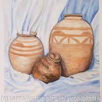 Still-life - Earthenware Jars, Blue Cloth