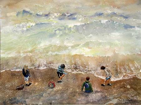 Four figures by the sea
