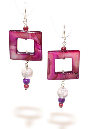 Amethyst, Garnet, Shell and Silver Earrings