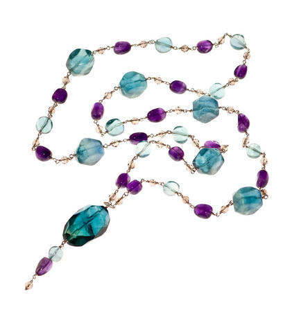 Long Amethyst, Fluorite, Smokey Quartz and Silver Necklace