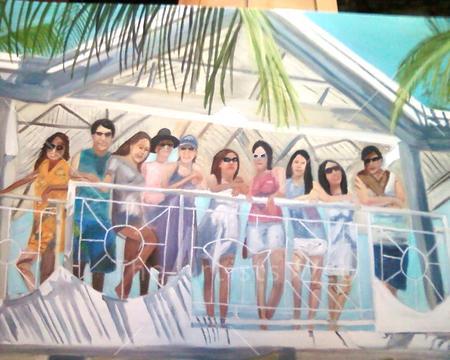 Filipino friends share balcony in the sunshine.