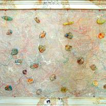 Glass & fabric artwork in swept decoupage frame.