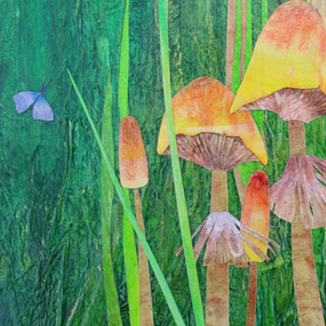 Meadow with Mushrooms detail mixed media painting	/><link rel=