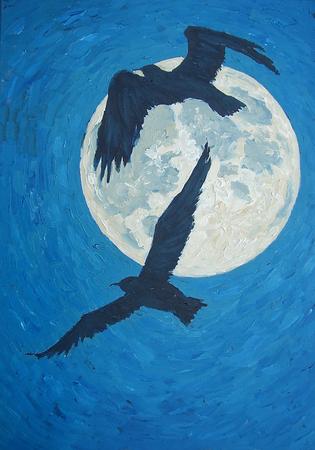 2 gulls against the full moon