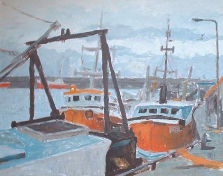 boats in pittenweem harbour,orange and blue