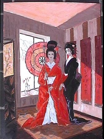 two geishas in red room