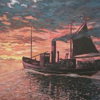 sunset: steam drifter in a flat calm