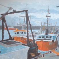 boats in pittenweem harbour,orange and blue