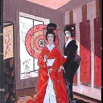two geishas in red room