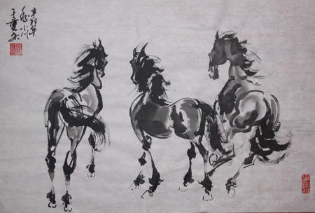 three horses walking together