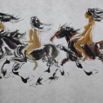 three females riding on horses