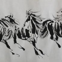 9 horses galloping towards east 