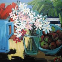 blue jug with fruit and flowers