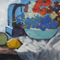 still life clock and flower bowl