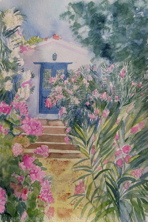 Door with Oleander and Geraniums