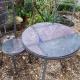 mosaic and metal patio… | £900(sold) | 70 x 70cm | slate, stained glass, mirror glass and galvanised wrought iron mosaic and metal patio…