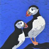 Puffins - reduction linocut