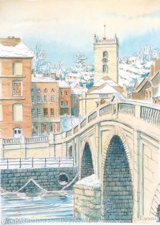 Bewdley Bridge and Church in the snow greetin/Christmas card