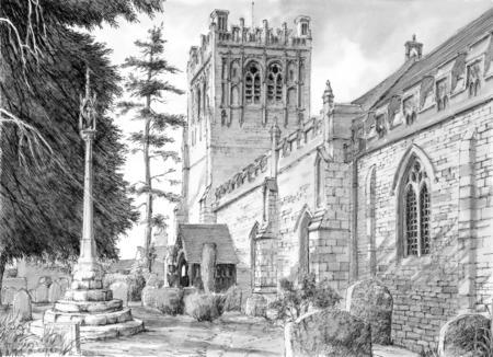 Example of black and white artwork of a church for a wedding invitation