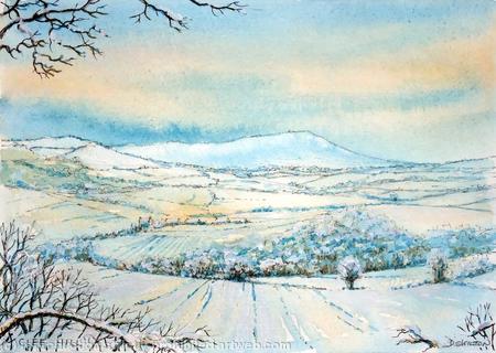 Clee Hill in winter snow from The malt Shovel Highley