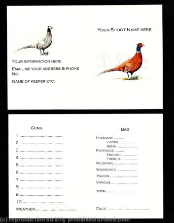 Buy now pack of 50 shoot cards with your information with standing pheasant & Gothic script inside