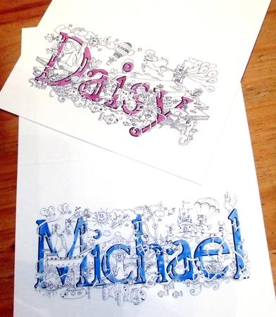 name art cards examples Daisy & Michael. I now prefer the more purple colour for the girls