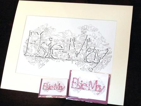 Original drawing of a first name in pen on superior acid free 200g acid free cartridge paperon 200g + 10 cards ( 5 large & 5 small)