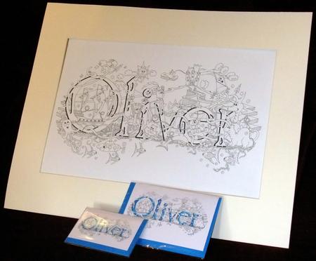 Oliver Original drawing of a first name in pen on superior acid free 200g acid free cartridge paperon 200g + 10 cards ( 5 large & 5 small)