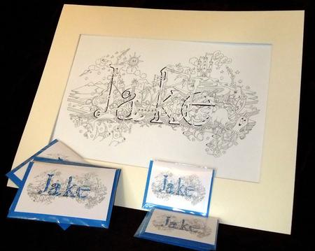 Jake Original drawing of a first name in pen on superior acid free 200g acid free cartridge paperon 200g + 10 cards ( 5 large & 5 small)