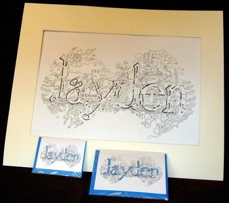 Jayden Original drawing of a first name in pen on superior acid free 200g acid free cartridge paperon 200g + 10 cards ( 5 large & 5 small)