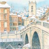 Bewdley Bridge and Church in the snow greetin/Christmas card - Printed on white hammered finish greeting card 300g