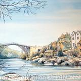 Ironbridge Shropshire winter - Print on white hammered finish greeting card