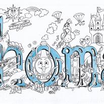 Thomas name art example for children's invitations or pictures. See name art pages ( 6 by 4 cards) & (Pack of 20 small  cards with small envelopes) this card costs £2 and can have any message you like with the image