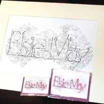Original drawing of a first name in pen on superior acid free 200g acid free cartridge paperon 200g + 10 cards ( 5 large & 5 small)