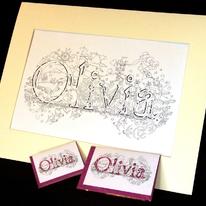 Olivia,Original drawing of a first name in pen on superior acid free 200g acid free cartridge paperon 200g + 10 cards ( 5 large & 5 small)