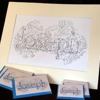 Joseph Original drawing of a first name in pen on superior acid free 200g acid free cartridge paperon 200g + 10 cards ( 5 large & 5 small)