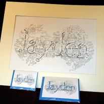 Jayden Original drawing of a first name in pen on superior acid free 200g acid free cartridge paperon 200g + 10 cards ( 5 large & 5 small)