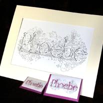Phoebe Original drawing of a first name in pen on superior acid free 200g acid free cartridge paper on 200g + 10 cards ( 5 large & 5 small)