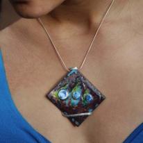Enamelled copper pendant with silver discs on sterling silver snake chain - Sold - Ref bb35