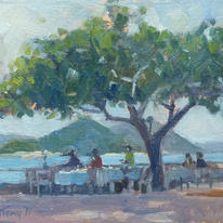 Under the badamier tree , La Digue