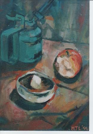 Oil  can, apple and mushroom