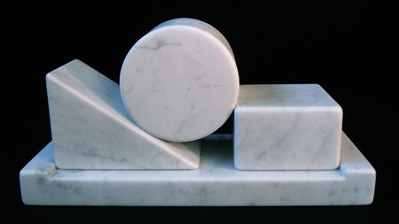 3-part construction, suspended between the irresistible force and the immovable object, or a cheeseboard, carrara marble, ht. 122mm, £poa