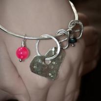 Hand Crafted Sterling Silver Beaded Charm Bangle With A Detailed Heart Charm And Sterling Silver Ingots