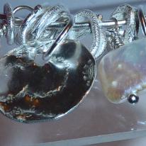 Handmade Sterling Silver Charm Bangle With Textured Sterling Silver Charms, Rose Quartz And Fresh Water Pearl Beading