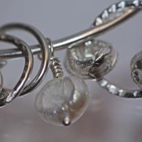 Hand Crafted Sterling Silver Charm Bangle With Detailed Silver Beading And Fresh Water Pearl