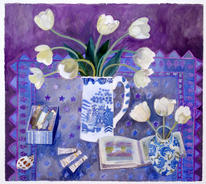 Tulips in a willow pattern jug