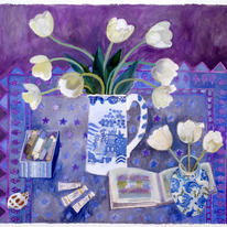 Tulips in a willow pattern jug