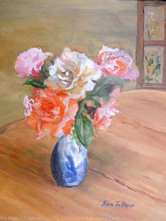Roses in a blue  white vase