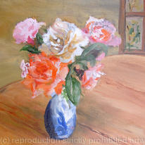 Roses in a blue  white vase